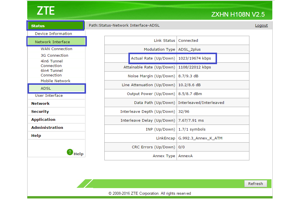 ZTE H108N έλεγχος ταχύτητας συγχρονισμού