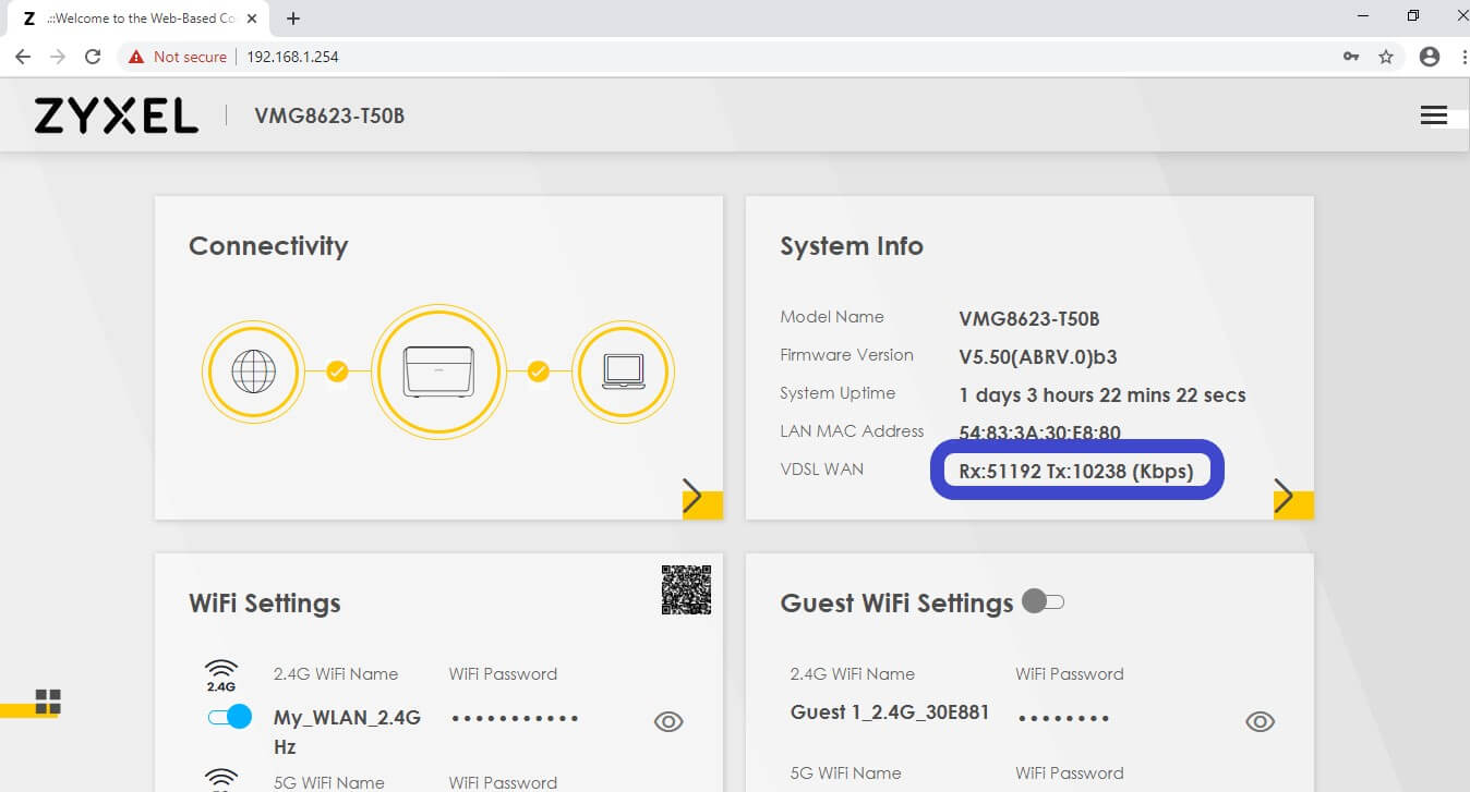 έλεγχος ταχύτητας συγχρονισμού vdsl router zyxel vmg8623 t50b